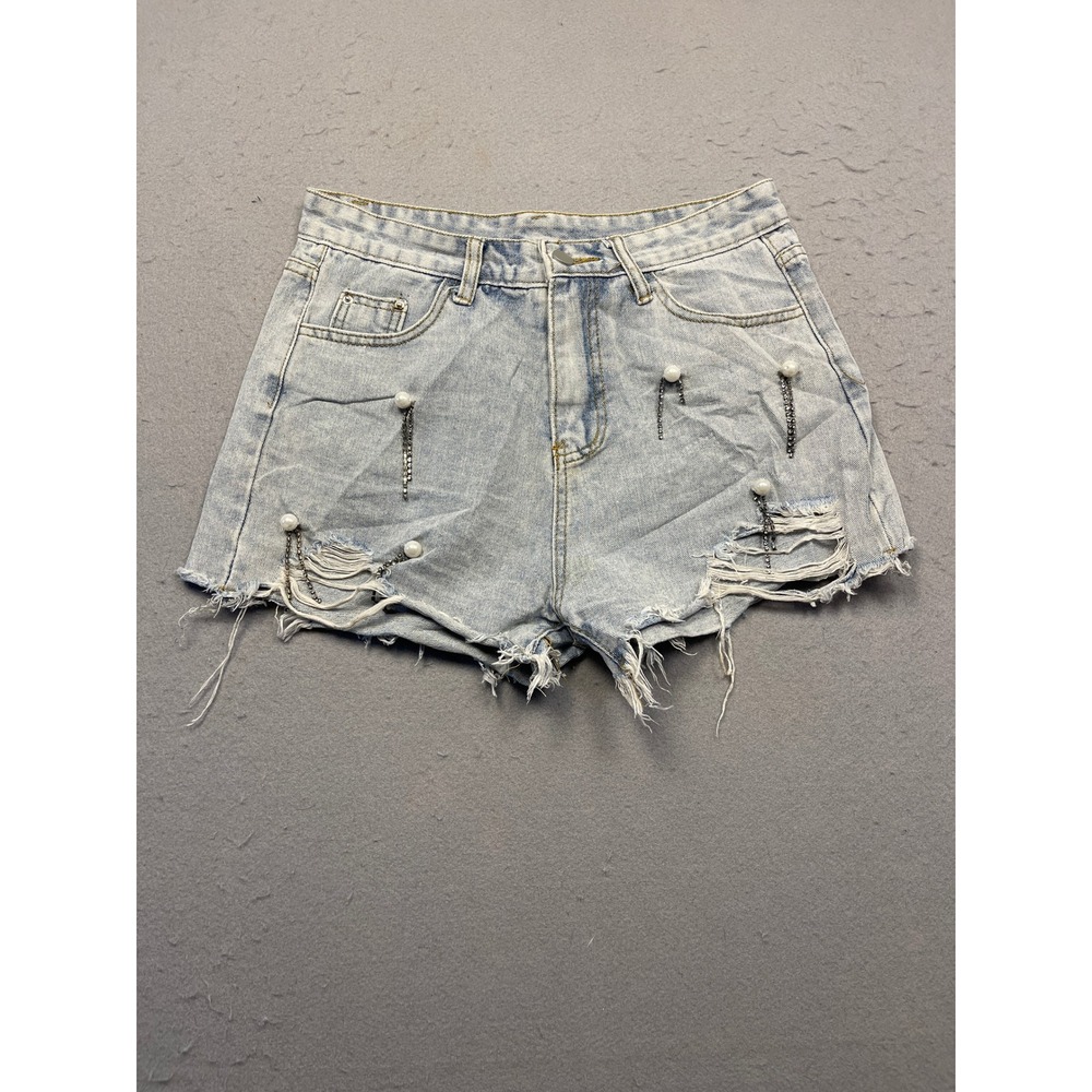 Unbranded Distressed Denim Shorts Cotton Light Blue Pearl Rhinestone W29 Womens